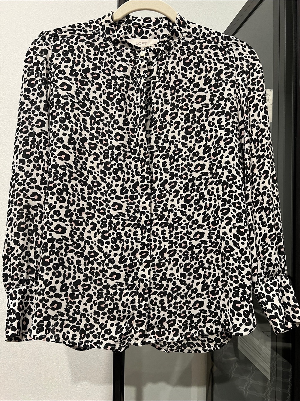 LOFT Black, White and Light Pink Leopard Print Button-Front Blouse
